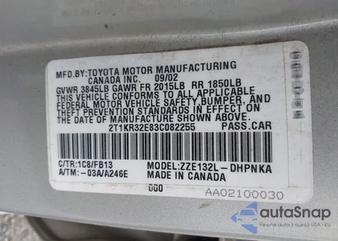 2003 Toyota Matrix Xr from USA, damaged, VIN 2T1KR32E83C082255